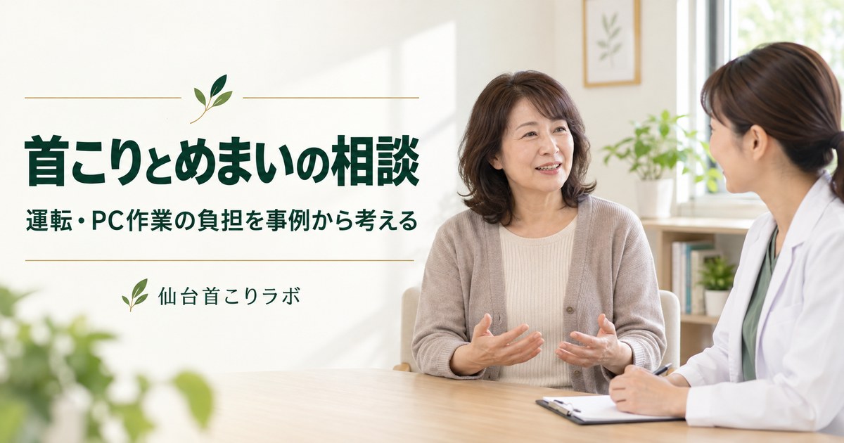 首と肩の負担を相談する50代女性と女性施術者の生成イメージ