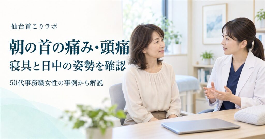 朝の首の痛みと頭痛について相談する架空の50代女性と施術者の説明用イメージ
