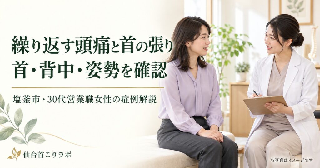 首・背中・姿勢を確認する相談場面の生成イメージ。今回のご本人や担当者の写真ではありません。