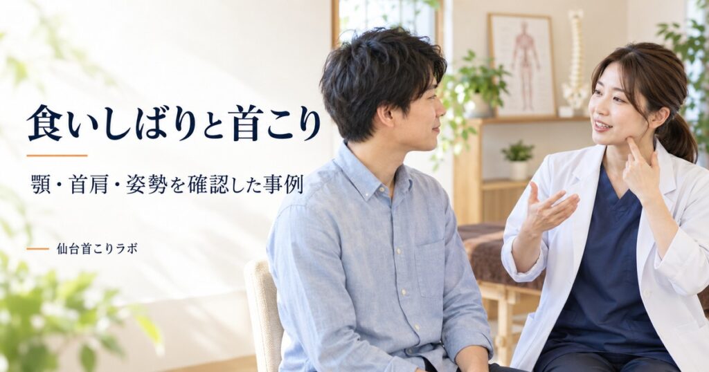 食いしばりと首こりについて顎・首肩・姿勢を確認する相談場面のイメージ