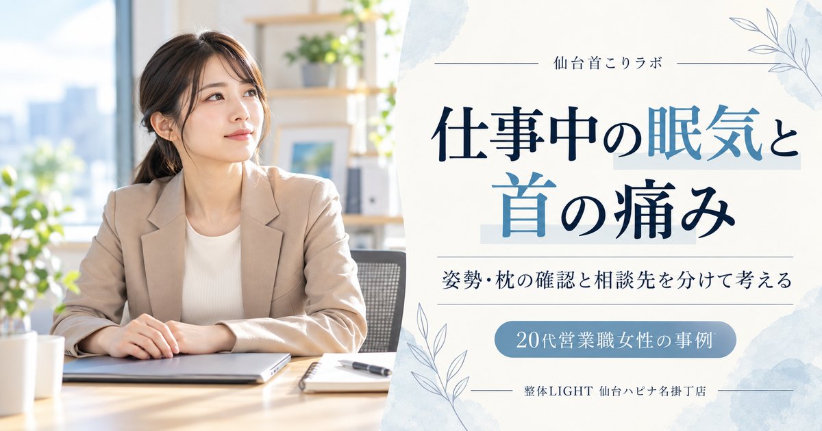 仕事中の眠気と首の痛み、姿勢・枕の確認と相談先を紹介する生成イメージ