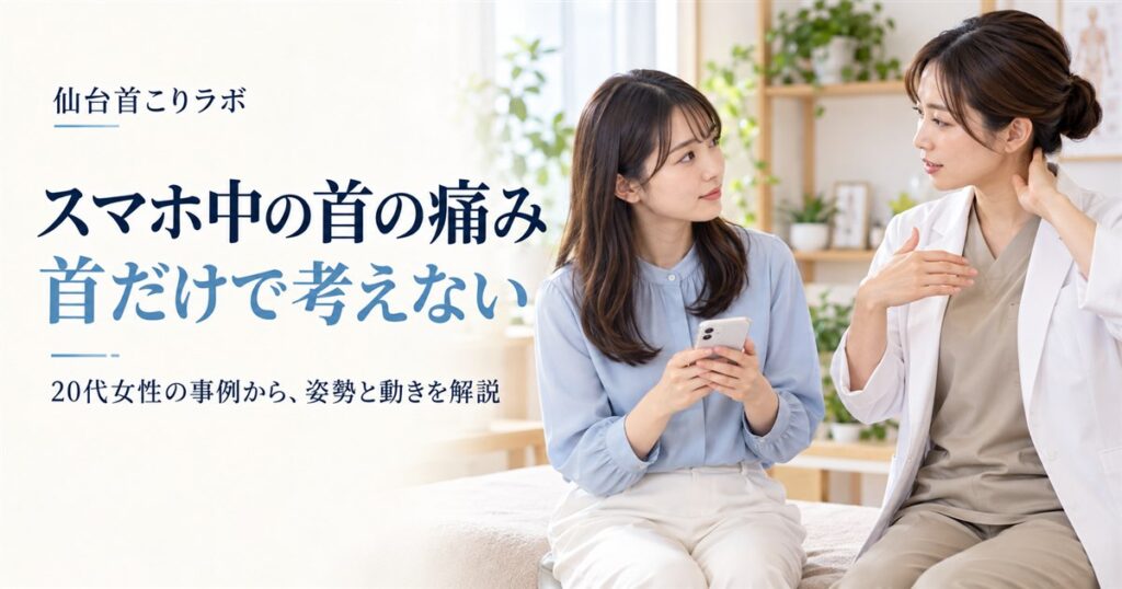 スマホ中の首の痛みについて姿勢と動きを相談するイメージ
